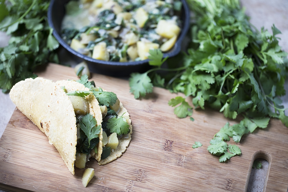 Vegan potato spinach tacos with cilantro